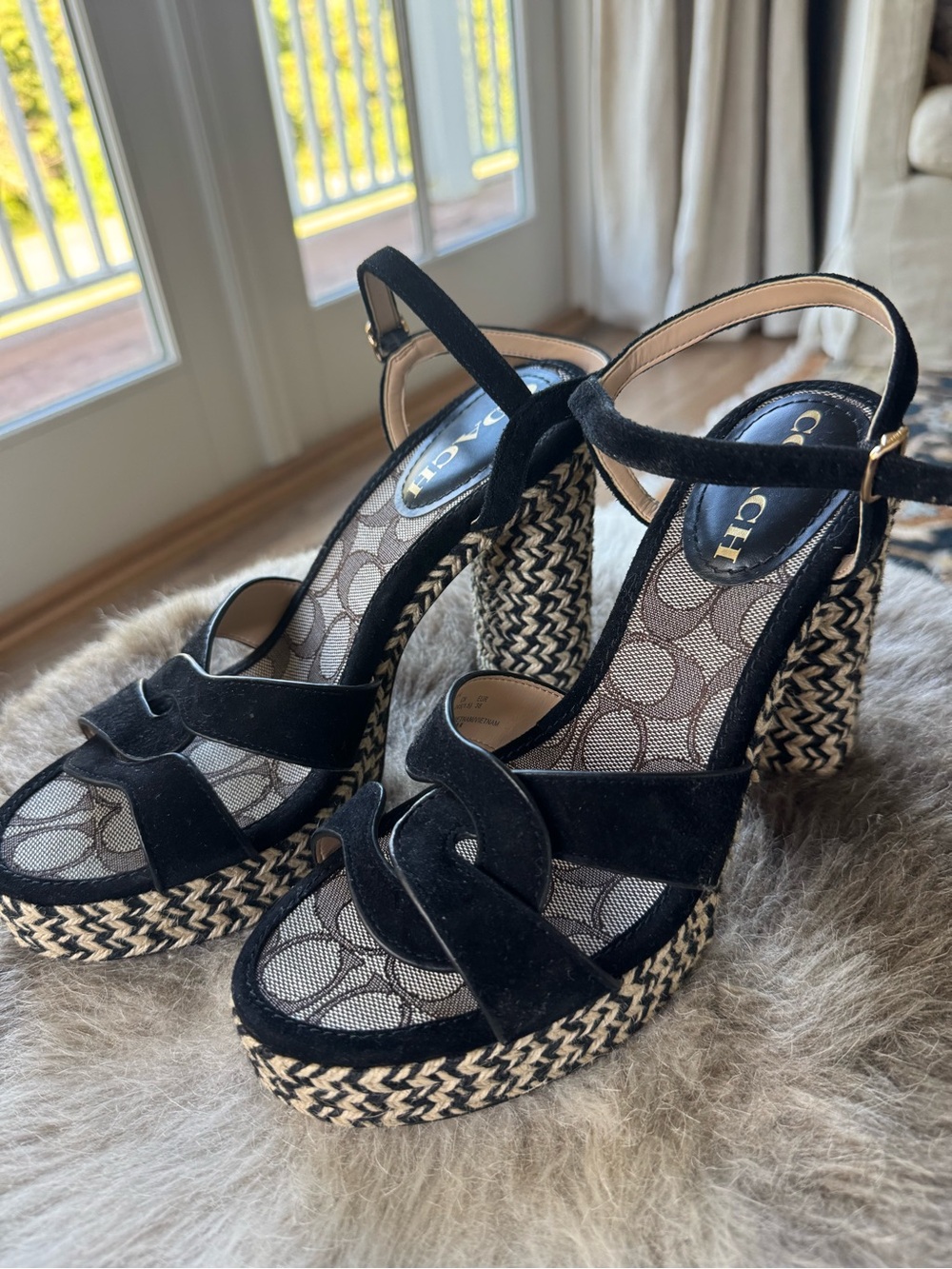New! Coach Black Suede Platform Woven Heel Sandals